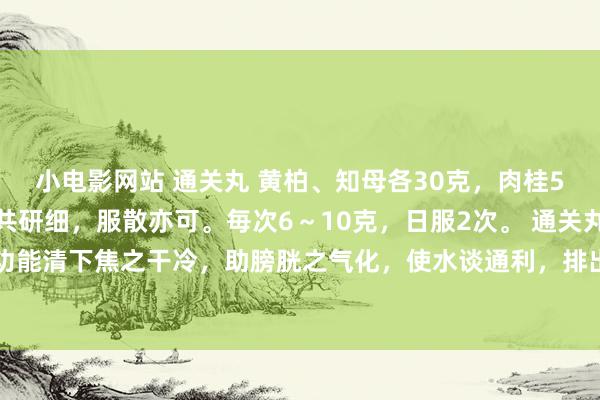 小电影网站 通关丸 黄柏、知母各30克，肉桂5克。研粉水泛为丸。或共研细，服散亦可。毎次6～10克，日服2次。 通关丸别名滋肾通关丸，功能清下焦之干冷，助膀胱之气化，使水谈通利，排出爽利。凡老迈肥美，小便滴沥不禁，尿热涩